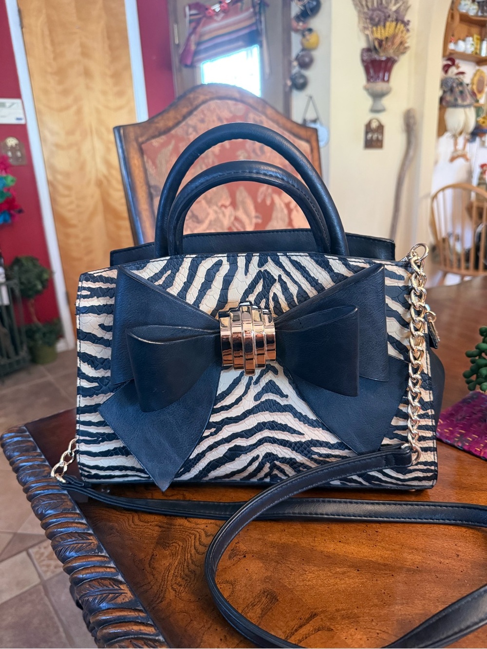 Betsy JohnsonBlack & White Zebra Print Satchel with Bow Accent